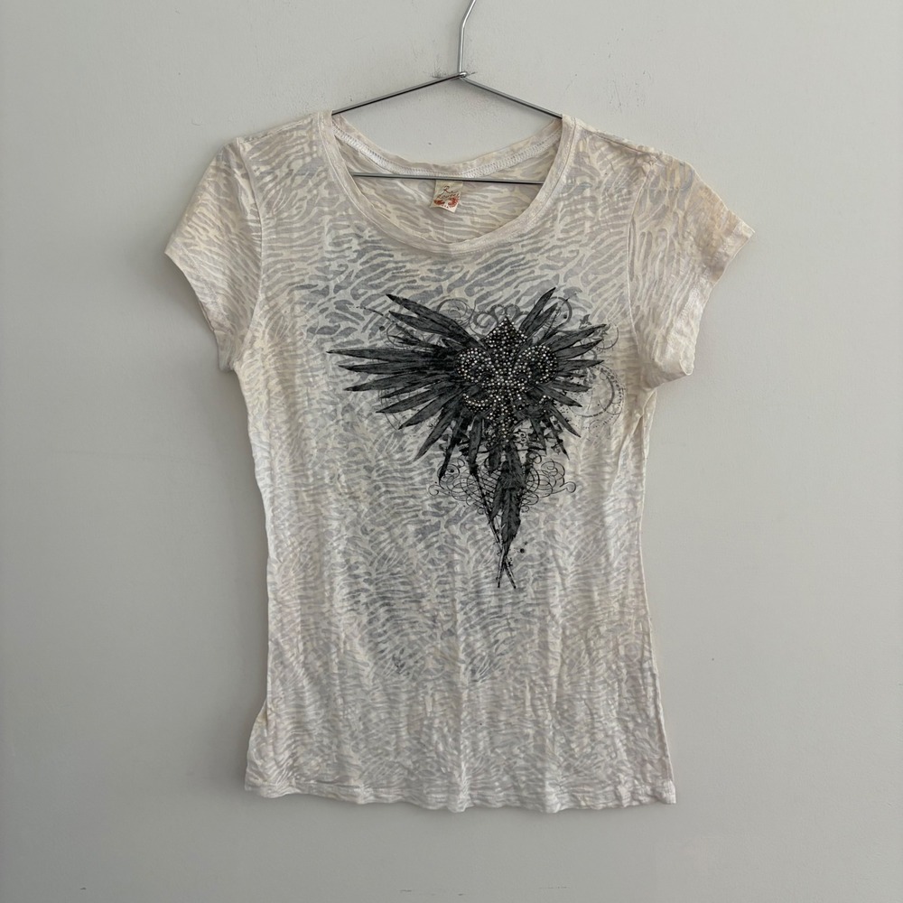 R Rouge Womens Y2K Burnout T Shirt White Zebra Rhinestone Winged Fleur De Lis